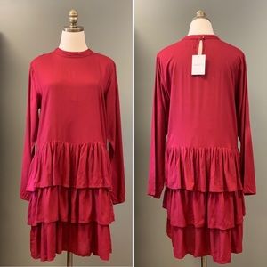 NWT Modcloth Compania Fantastica Burgundy Dress Ruffle Tier Hemline Drop Waist S